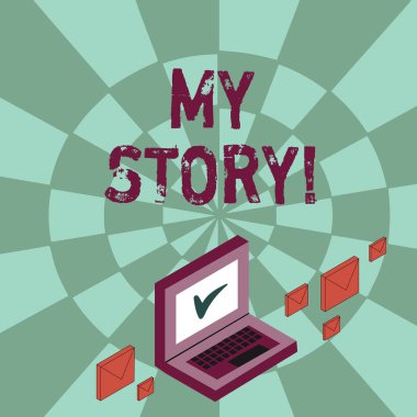 Hikayemi gösteren Not yazma. Sizin geçmiş yaşam olayları eylemleri veya seçimler vitrinde iş fotoğraf dizüstü etrafında posta zarflar monitör onay Işareti simgesi ile.