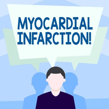 Miyokardiyal ınfarktüsü gösteren Not yazma. Kan dolaşım ani yoksunluğu nedeniyle iş fotoğraf vitrine Faceless Man iki Shadows ile konuşma kabarcık çakışan.