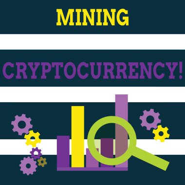 Madencilik cryptocurrency gösteren Not yazma. Dijital para sisteminde hareketin işlenmesini sergileyen iş fotoğrafı, analiz için COG Wheel Gear 'ın yanında grafik üzerinde büyüteç.
