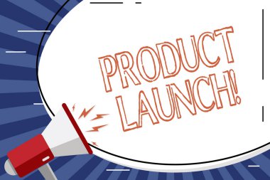 El yazısı metni ürün lansmanı. Şirketin piyasada yeni ürün serbest bırakmaya karar verdiği kavram anlamı boş beyaz büyük oval şekil Sticker ve megafon ses simgesi ile çığlık.