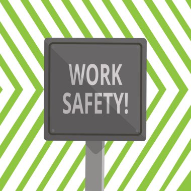 Word yazma metin çalışma güvenliği. Çalışanların sağlığını sağlamak için yerinde politikalar ve prosedürler için iş kavramı 3D kare boş renkli dikkat kara sınır ahşap monte ile yol Işareti.