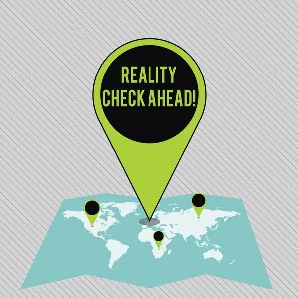 Szöveges jel mutatja Reality ellenőrzés Ahead. Fogalmi fotó teszi őket felismerni igazságot helyzetek vagy nehézségek színes hatalmas helye marker PIN mutatva a terület vagy a GPS-cím a térképen. — Stock Fotó