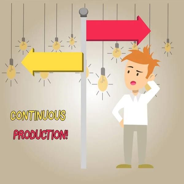 Word writing text Continuous Production. Business concept for Manufacture or produce materials without interruption Man Confused with the Road Sign Arrow Pointing to Opposite Side Direction. — Stock Photo, Image