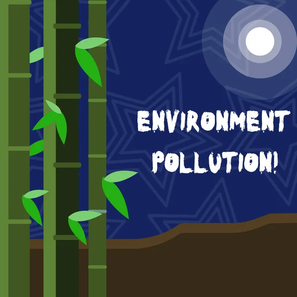 显示环境污染的文本符号。概念图自然环境中的污染物左侧的叶竹和圆形梁的月亮或太阳. — 图库照片