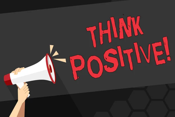 Signo de texto que muestra Think Positive. Actitud mental de la foto conceptual en la que usted espera buenos y favorables resultados Mano humana sosteniendo firmemente un megáfono con icono de sonido y espacio de texto en blanco . —  Fotos de Stock