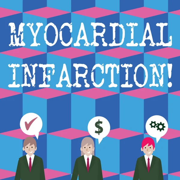 Writing note showing Myocardial Infarction. Business photo showcasing due to the sudden deprivation of circulating blood Businessmen has Speech Bubble with Optimization Cost Icons.