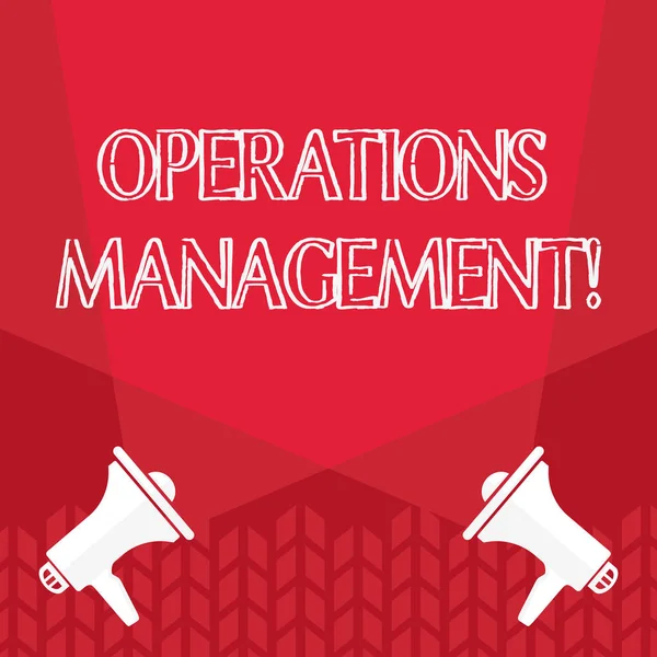 Word writing text Operations Management. Business concept for designing and controlling the process of production Blank Double Spotlight Crisscrossing Upward from Two Megaphones on the Floor.