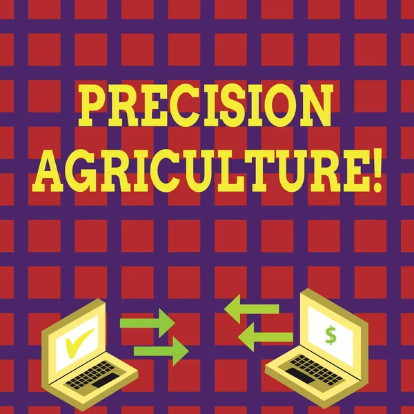 Word writing text Precision Agriculture. Business concept for modern farming practices for efficient production Exchange Arrow Icons Between Two Laptop with Currency Sign and Check Icons.