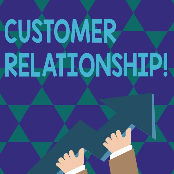 Text sign showing Customer Relationship. Conceptual photo ways how company analysisage relations with customers photo of Hand Holding Colorful Huge 3D Arrow Pointing and Going Up. — Stock Photo, Image