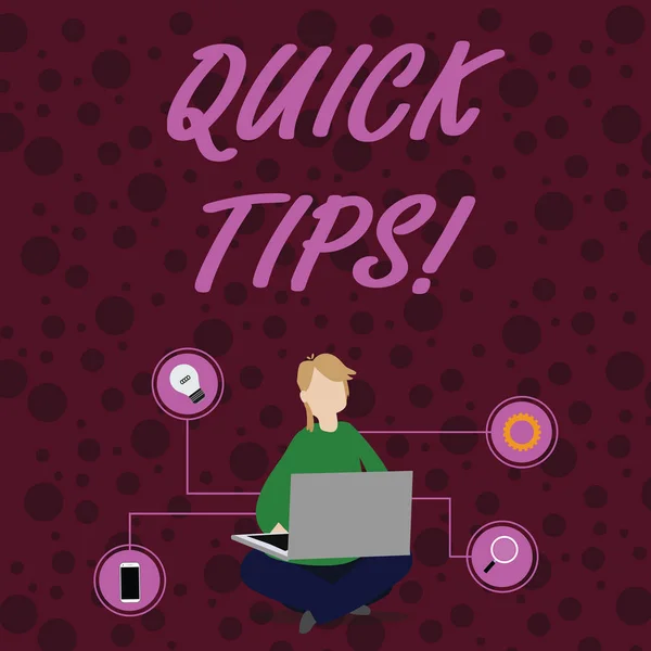 Text sign showing Quick Tips. Conceptual photo small but particularly useful piece of practical advice Woman Sitting Crossed Legs on Floor Browsing the Laptop with Technical Icons.
