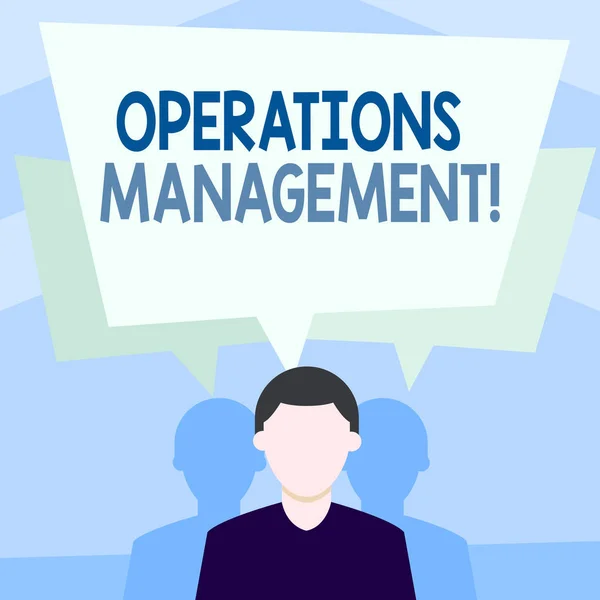 Writing note showing Operations Management. Business photo showcasing designing and controlling the process of production Faceless Man has Two Shadows with Speech Bubble Overlapping.