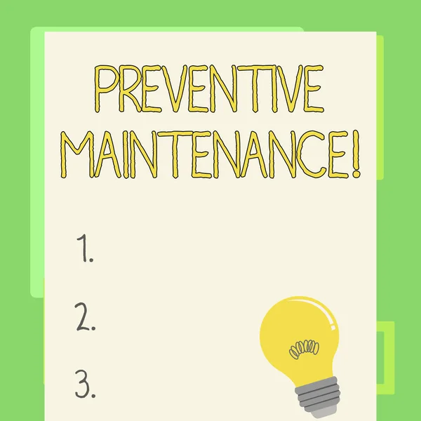 Escritura a mano de texto Mantenimiento Preventivo. Concepto que significa mantenimiento rutinario para ayudar a mantener el equipo en funcionamiento Bombilla de luz incandescente con filamento interior Descansando en papel de color en blanco . —  Fotos de Stock