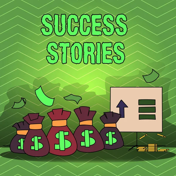 Writing note showing Success Stories. Business photo showcasing story demonstrating who rises to fortune or brilliant achievement Bag with Dollar Currency Sign and Arrow with Blank Banknote. — Stock Photo, Image