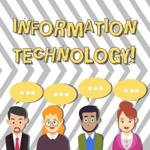 Conceptual hand writing showing Information Technology. Business photo text Science and activity of using computer systems Group of Business People with Speech Bubble with Three Dots.