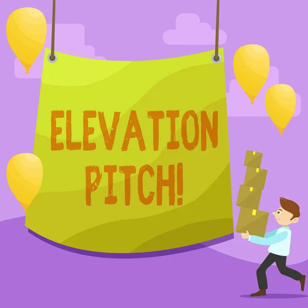 Handwriting text writing Elevator Pitch. Concept meaning short description of product business idea given to investor Man Carrying Pile of Boxes with Blank Tarpaulin in the Center and Balloons.