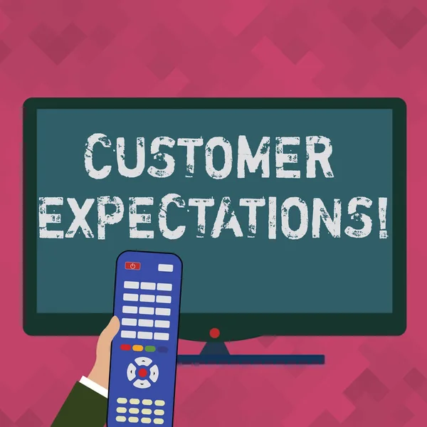 Word writing text Customer Expectations. Business concept for Perceivedvalue clients seek from the buying of a good Hand Holding Computer Remote Control infront of Blank Wide Color PC Screen.