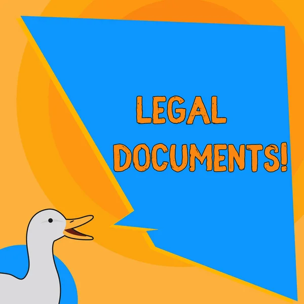 Writing note showing Legal Documents. Business photo showcasing states some contractual relationship or grants some right photo of Duck Speaking with Uneven Shape Blank Blue Speech Balloon.