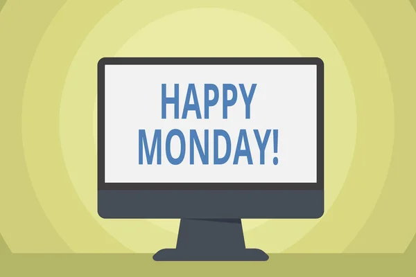 Woord tekst schrijven Happy Monday. Business concept voor het vertellen dat demonstreren om hem te wensen grote nieuwe week lege ruimte desktop computer kleurrijke monitor scherm freestanding op tafel. — Stockfoto