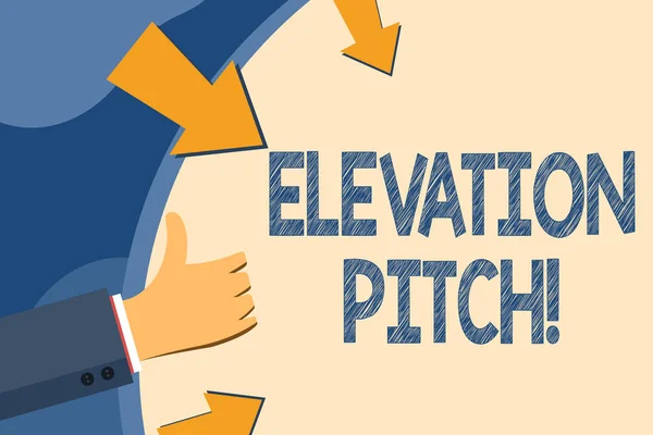 Text sign showing Elevator Pitch. Conceptual photo short description of product business idea given to investor Hand Gesturing Thumbs Up and Holding on Blank Space Round Shape with Arrows.