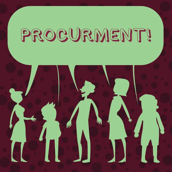 Conceptual hand writing showing Procurment. Business photo text action of acquiring military equipment and supplies Figure of People Talking and Sharing Colorful Speech Bubble. — Stock Photo, Image