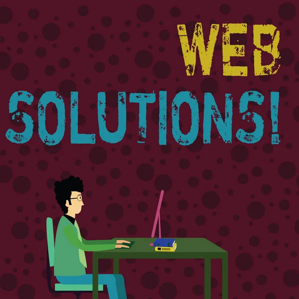 Conceptual hand writing showing Web Solutions. Business photo text program over network and accessible through web browser Businessman Sitting on Chair Working on Computer and Books.