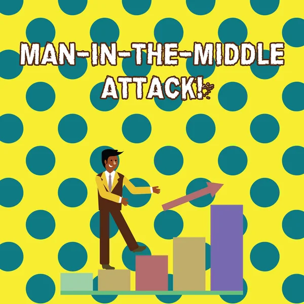 Escrita conceitual mostrando Man In The Middle Attack. Texto da foto de negócios A comunicação entre dois usuários é monitorada Smiling Businessman Climbing Bar Chart Following an Arrow Up . — Fotografia de Stock