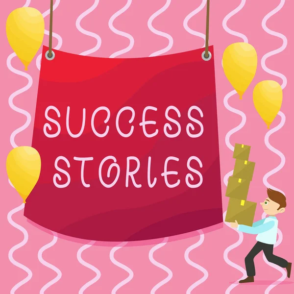 Text sign showing Success Stories. Conceptual photo story demonstrating who rises to fortune or brilliant achievement Man Carrying Pile of Boxes with Blank Tarpaulin in the Center and Balloons. — Stock Photo, Image