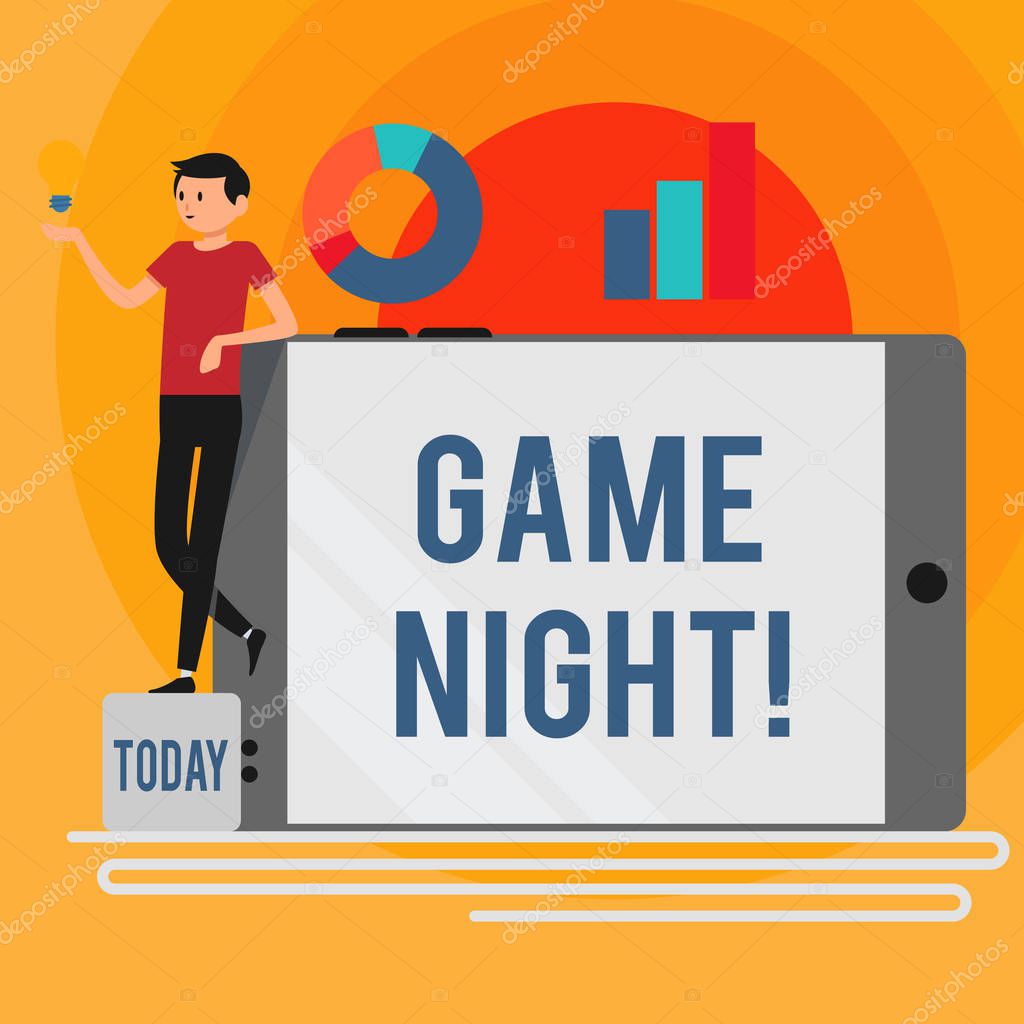 Word writing text Game Night. Business concept for usually its called on adult play dates like poker with friends Man Leaning on Blank Smartphone Turned on Its Side with Graph and Idea Icon.