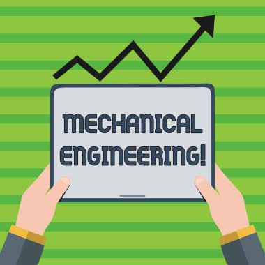 Kelime yazma metin mekanik Mühendisliği. Mekanik endüstriyel uygulama ile Ilgili iş kavramı el Holding boş ekran tablet altında siyah Progressive ok yukarı gidiyor.