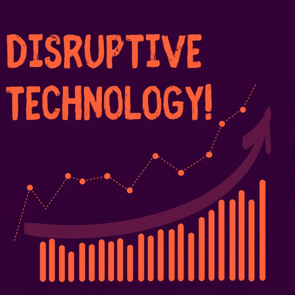 Tekstteken dat ontwrichtende technologie toont. Conceptuele foto een die een gevestigde technologie combinatie van kleurrijke kolom en lijn grafische grafiek met pijl naar boven verplaatst. — Stockfoto