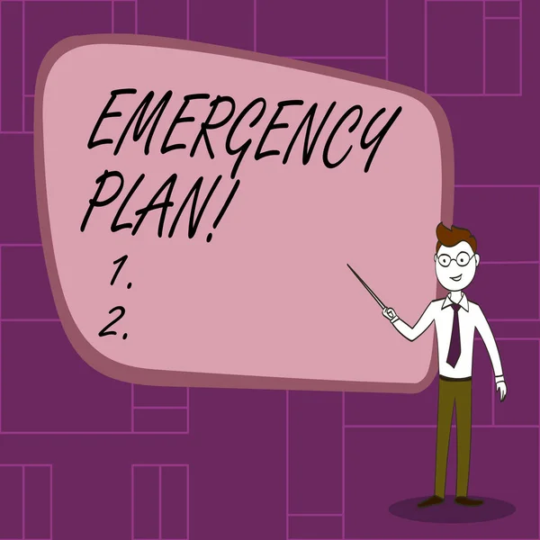 Text sign showing Emergency Plan. Conceptual photo course of action developed to mitigate damage of events Confident Man in Tie, Eyeglasses and Stick Pointing to Blank Colorful Board. — Stock Photo, Image