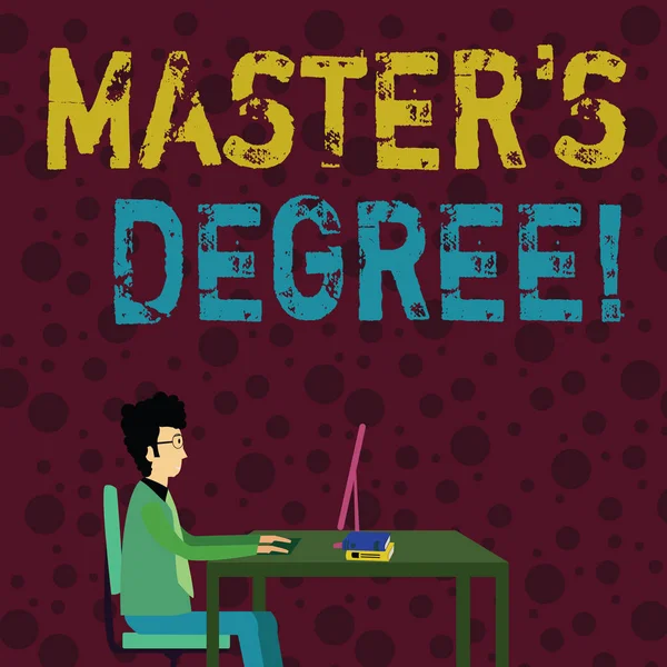 Conceptual hand writing showing Master S Degree. Business photo text academic degree awarded by universities upon high school Businessman Sitting on Chair Working on Computer and Books. — Stock Photo, Image