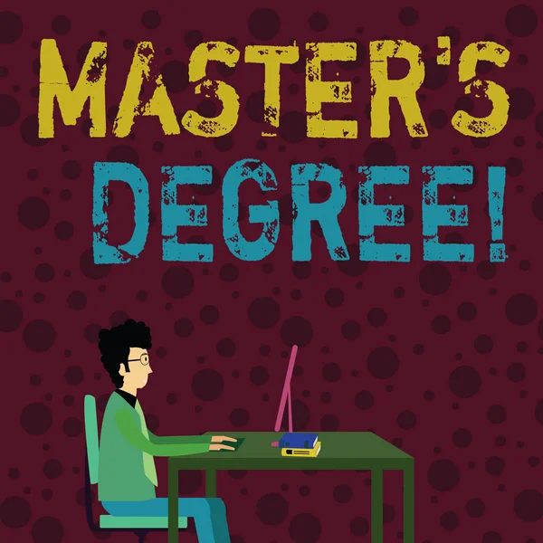 Conceptual hand writing showing Master S Degree. Business photo text academic degree awarded by universities upon high school Businessman Sitting on Chair Working on Computer and Books.