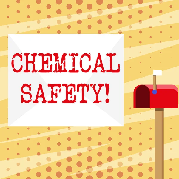 化学物質の安全性を示す概念的手書き。リスクエクスポージャを最小限に抑えるビジネス写真展示化学物質あらゆる環境白い封筒と小さなフラグアップ信号を持つ赤いメールボックス. — ストック写真