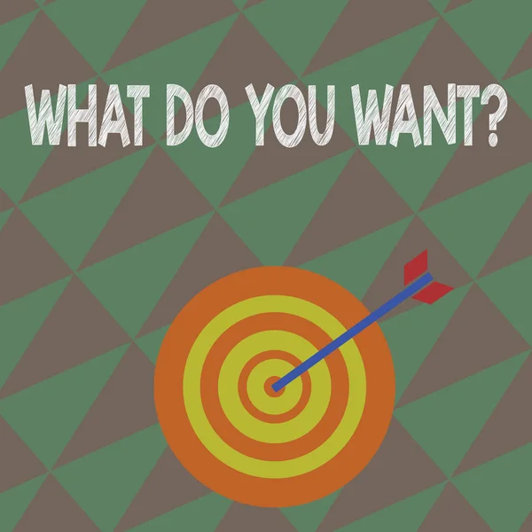 Writing note showing What Do You Want Question. Business photo showcasing say or write in order to ask demonstrating about something Dart Board in Concentric Style with Arrow Hitting the Center Bulls