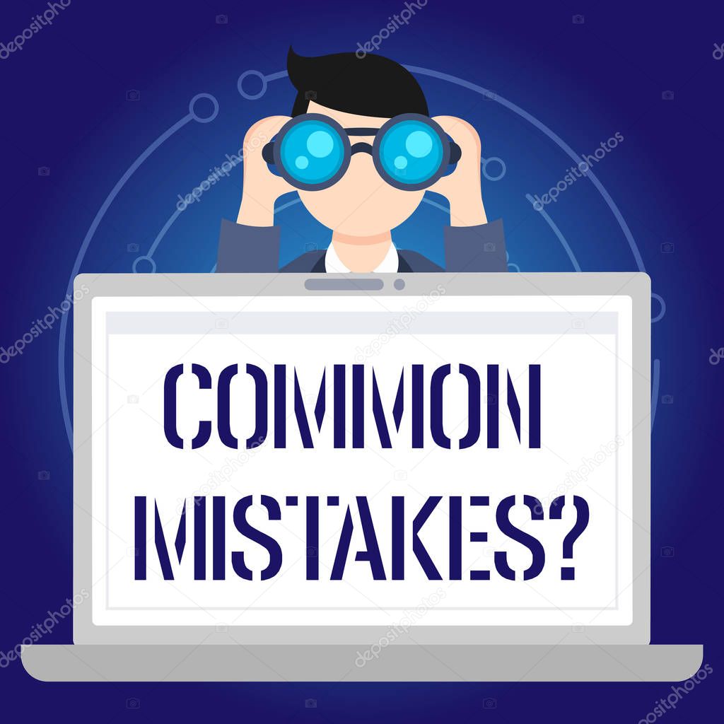 Text sign showing Common Mistakes question. Conceptual photo repeat act or judgement misguided or wrong Man Holding and Looking into Binocular Behind Open Blank Space Laptop Screen.