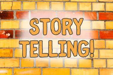 Storytelling gösteren Not yazma. İş fotoğraf Graffiti motivasyonel çağrı duvarda yazılmış gibi kamu tuğla duvar sanatı onları yayınlamak için etkinlik yazma hikayeleri vitrine.