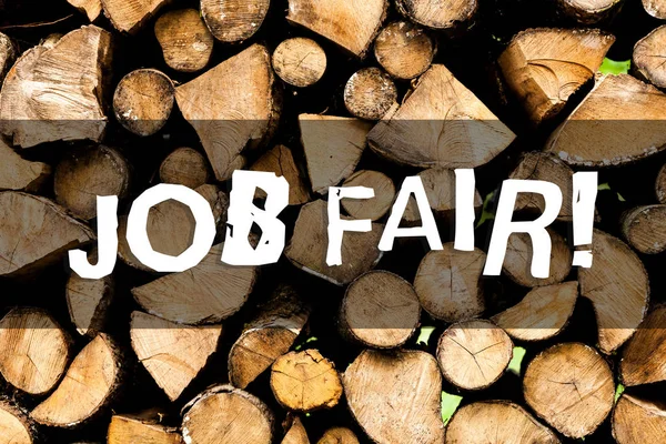 Writing note showing Job Fair. Business photo showcasing event in which employers recruiters give information to employees Wooden background vintage wood wild message ideas intentions thoughts.