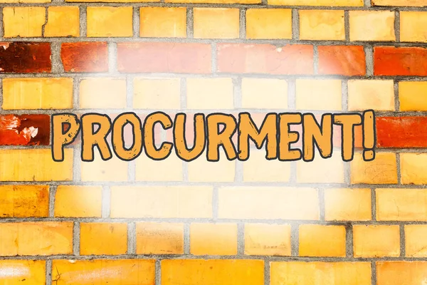 Writing note showing Procurment. Business photo showcasing action of acquiring military equipment and supplies Brick Wall art like Graffiti motivational call written on the wall. — Stock Photo, Image