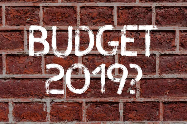 Signo de texto que muestra la pregunta Presupuesto 2019. Estimación conceptual de ingresos y gastos para el próximo año Arte de la pared de ladrillo como Graffiti llamada motivacional escrita en la pared . — Foto de Stock