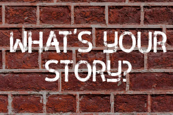 Text sign showing What S Is Your Story question. Conceptual photo being asked by someone about my own journey from beginning till now Brick Wall art like Graffiti motivational call written on the wall