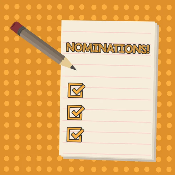 Conceptual hand writing showing Nominations. Business photo showcasing action of nominating or state being nominated for prize Pencil with Eraser and Pad on Two Toned Polka Dot Background.