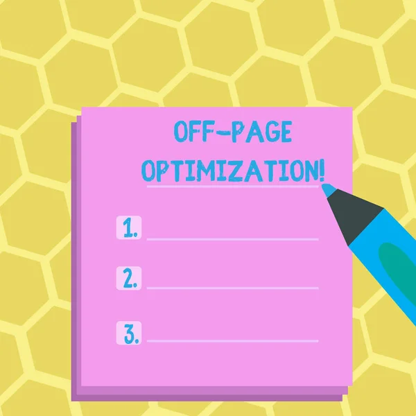 Word writing text Off Page Optimization. Business concept for set of techniques to increase your website s is ranking Blank Colorful To Do Check List Planner Sheets with Tick Box and Marker Pen.