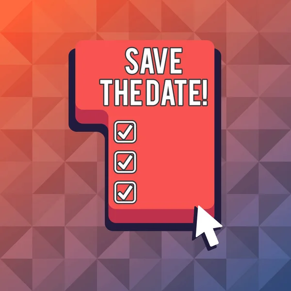 Word writing text Save The Date.... Business concept for remember specific important days or time using calendar Direction to Press or Click the Red Keyboard Command Key with Arrow Cursor. — ストック写真