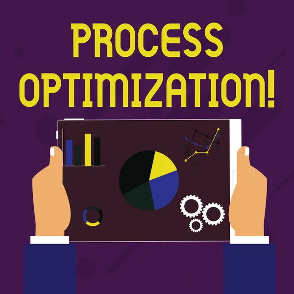 Writing note showing Process Optimization. Business photo showcasing improves the processes and takes them to a high level Hands Holding Tablet with Search Engine Optimization on the Screen. — ストック写真
