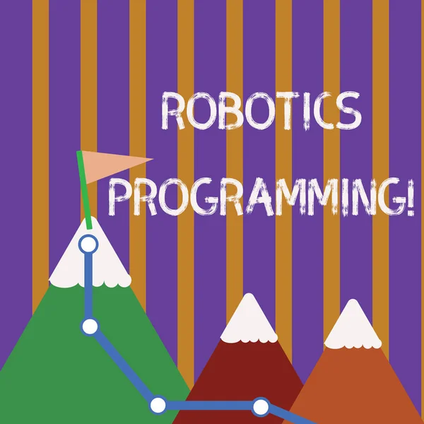 Text sign showing Robotics Programming. Conceptual photo software that used to perform autonomous tasks Three Mountains with Hiking Trail and White Snowy Top with Flag on One Peak.