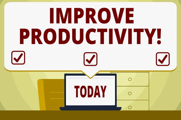 Konceptuell handskrivning som visar förbättrad produktivitet. Affärs foto skylta öka mängden varor och tjänster tillgängliga pratbubbla pekar vit laptop skärm i arbetsytan idé. — Stockfoto