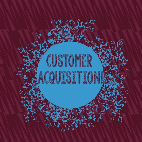 Handwriting text writing Customer Acquisition. Concept meaning persuading a consumer to purchase a company s is goods Disarrayed and Jumbled Musical Notes Icon Surrounding Blank Colorful Circle.