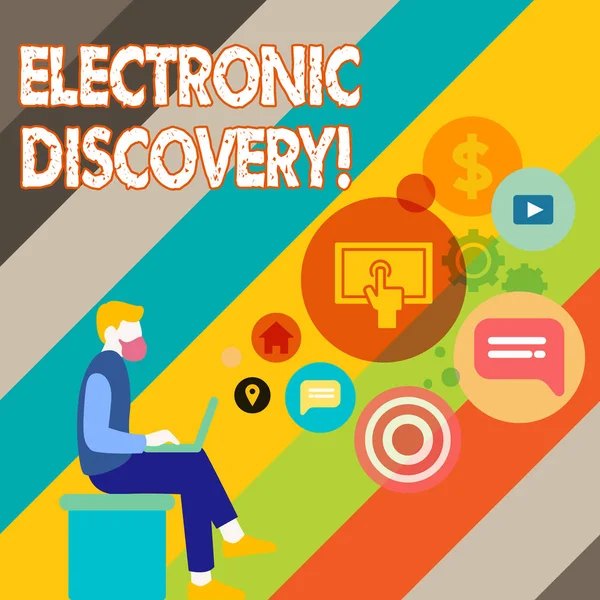 Writing note showing Electronic Discovery. Business photo showcasing discovery in legal proceedings such as litigation Man Sitting with Laptop and SEO Driver Icons on Blank Space. — ストック写真