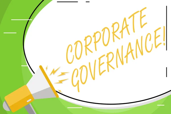 Text sign showing Corporate Governance. Conceptual photo system of processes by which a firm is controlled Blank White Huge Oval Shape Sticker and Megaphone Shouting with Volume Icon.